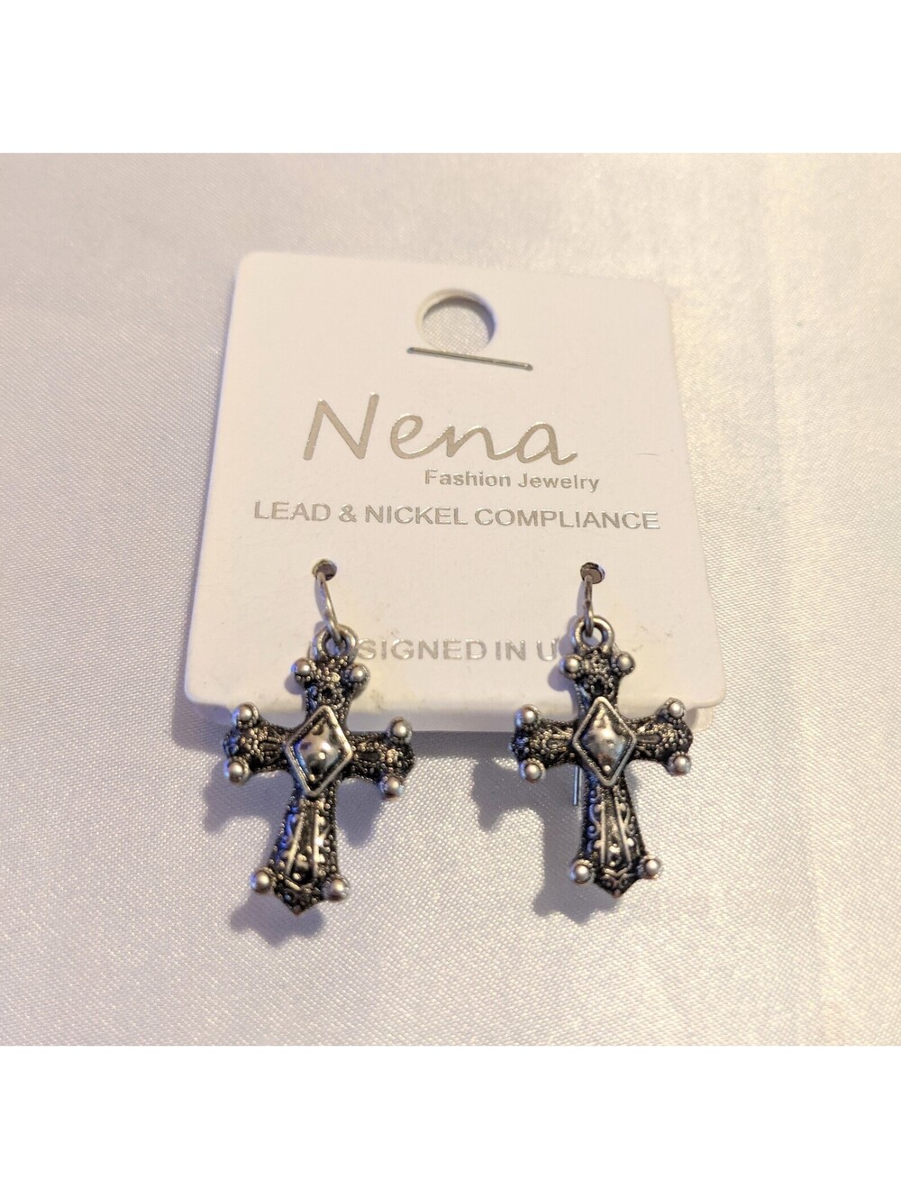 Nena Gothic Cross Dangle Earrings Silver-Tone Crucifix Christian NEW 1-1/8" Long
